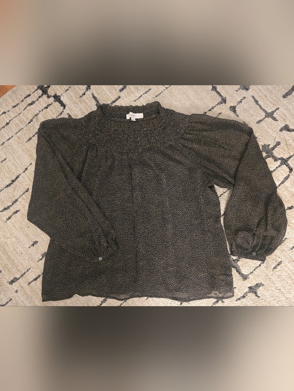 LOFT Black Speckled Smocked-Neck Blouse